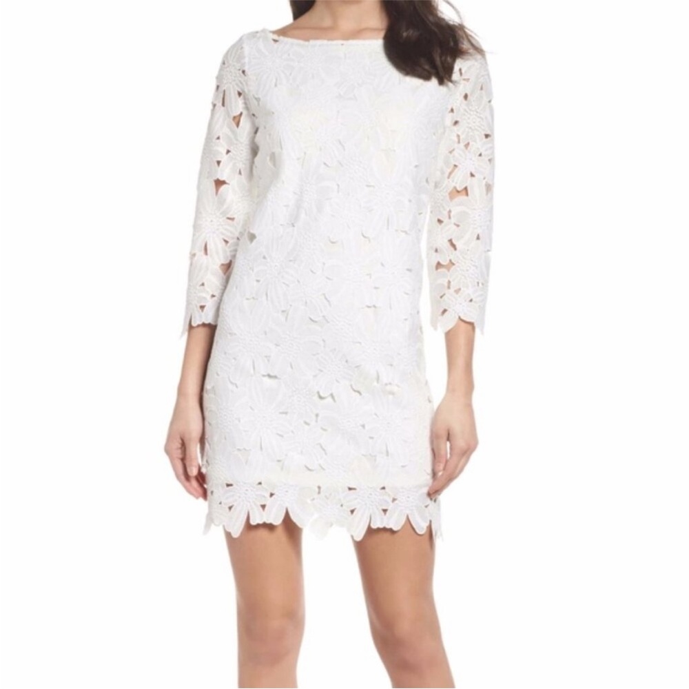 Felicity & Coco - Floral White Lace, Long-sleeve Short Shift Dress - Size M